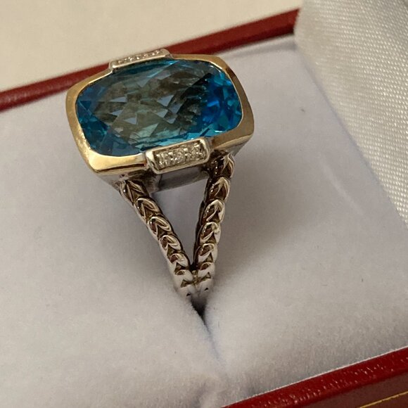 Sterling Silver 14K Yellow Gold Blue Topaz Diamond Ring Size 7 1/2 - Picture 3 of 8
